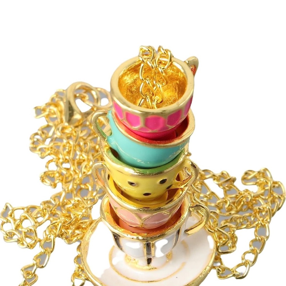 NWOT Coffee Cup Multicolor Necklace with Intricate Design